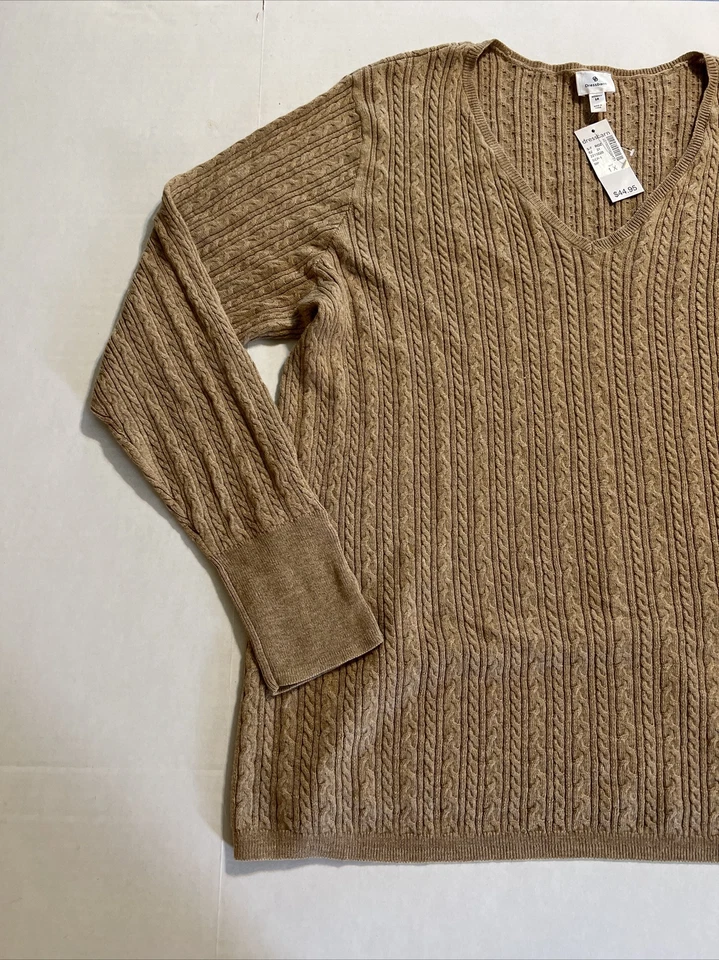 Suéter clásico tejido con cable Dressbarn cuello en V marrón para mujer 1X NUEVO Foto 3 de 4
