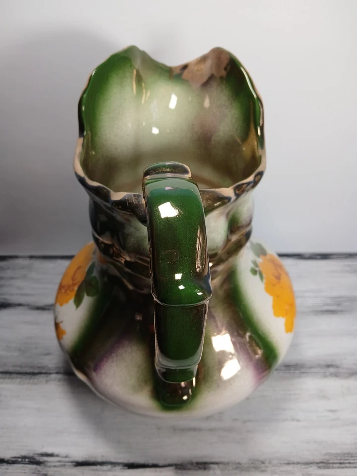 Antigua jarra de agua estilo victoriano verde amarillo rosa patrón adorno dorado 11" Foto 4 de 4