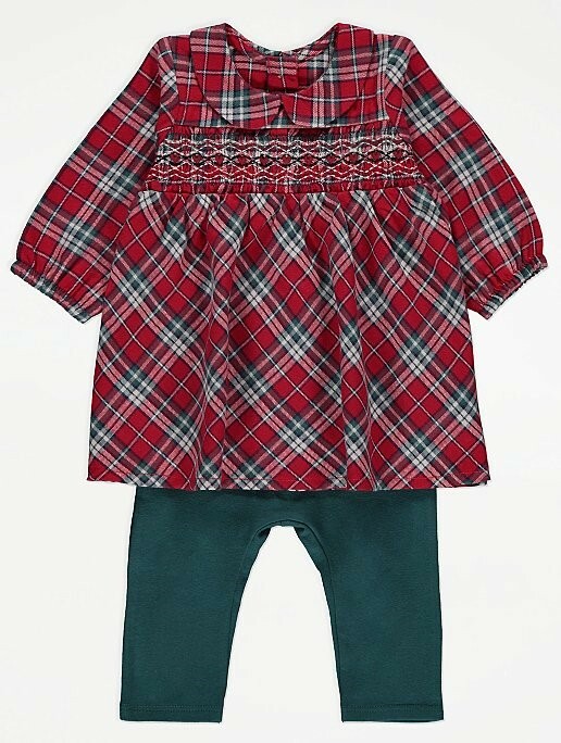 BNWT Baby Girls Pretty 2pc Red Tartan Check Dress & Green Leggings Outfit 0-3