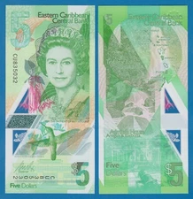 East Caribbean States 5 Dollars P 55Aa 2021 Polymer UNC Queen Elizabeth II 55A a