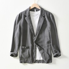 Men's Cotton Linen Dress Two Button Jacket Casual Business Slim Jacket Summer