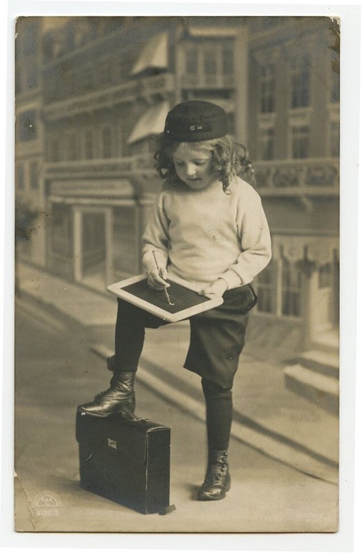 c 1910 Child Children Kids GIRL w/ SCHOOL SLATE Kids Fashion photo postcard