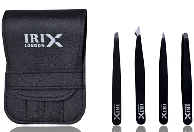 IRIX LONDON 4PCS Eyebrow Slanted Tweezers KIT Stainless Steel Hair Plucker with Leather Case