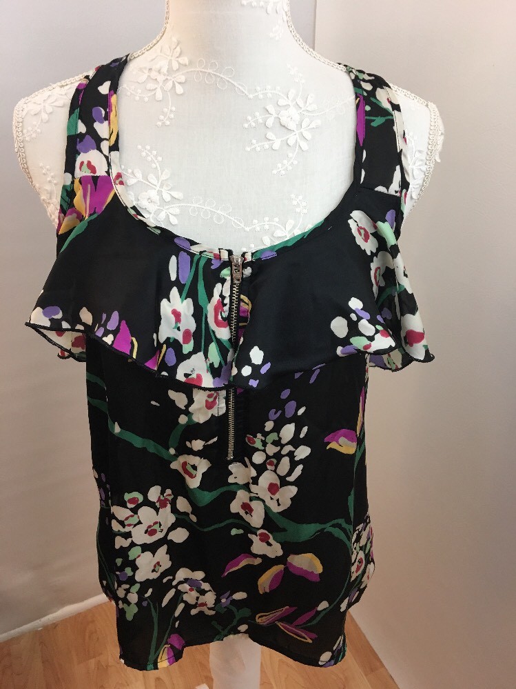 Lily White Ladies Top Floral Sz M Black White Purple Pink Front 1