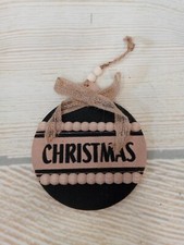 New Wood "CHRISTMAS" Tree Ornament Farmhouse Rustic Black Natural Beads Moody