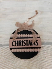 New! Wood "CHRISTMAS" Tree Ornament Farmhouse Rustic Black Natural Beads Moody