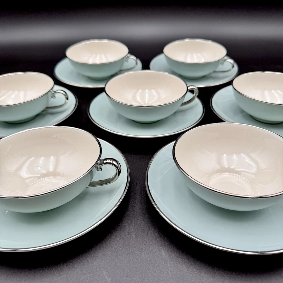 Franciscan Encanto DAWN Tea Coffee Cups Saucers SET/7 Aqua Blue Platinum CA, USA - Image 4 of 4