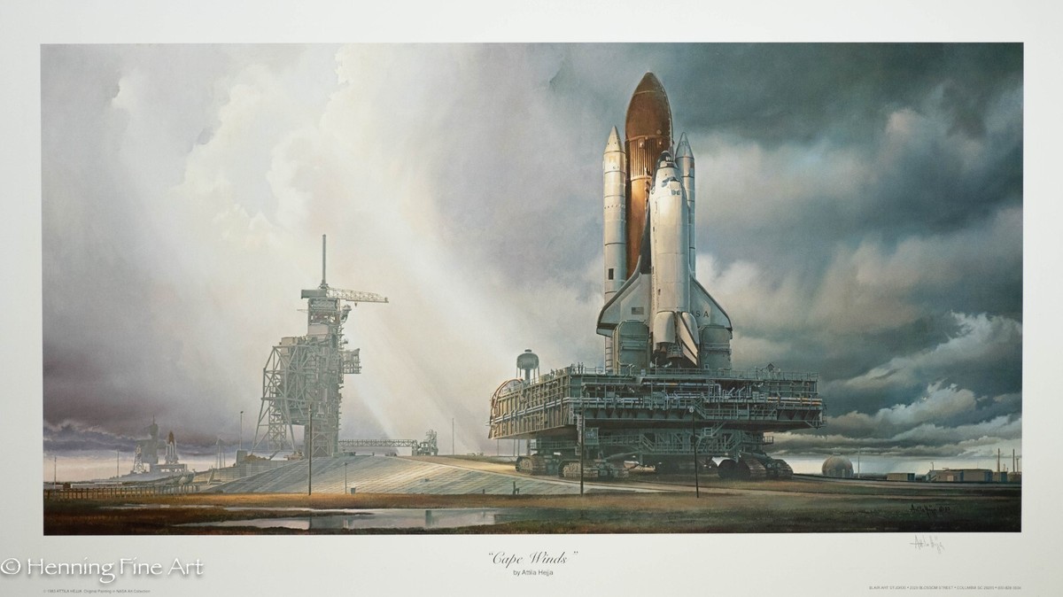 希少 日本製 宇宙アート 大判ファブリック 160×87 SHUTTLE Beautiful NASA Lithograph Space Shuttle Lithograph by Attila Hejja
