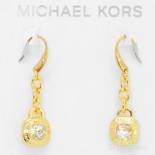 Michael Kors Womens MK Dangle Drop Earrings w/ Crystals, Gold Tone Brass