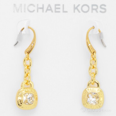 Michael Kors Womens MK Dangle Drop Earrings w/ Crystals, Gold