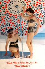 Vintage Postcard Women On Beach Under Umbrella Sand Sharks Theme