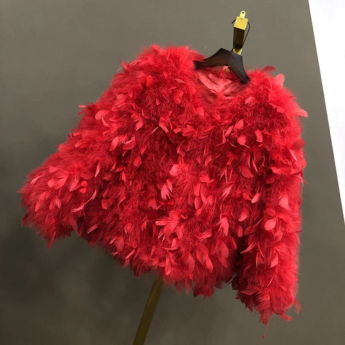 Women's Real Ostrich Feather Fur Short Coat Real Fur Shaggy Wedding Bride Jacket - Picture 16 of 34