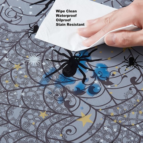 Halloween Creepy Black Spider 70 Inch Round Vinyl Dining Tablecloth with Flan... - Picture 5 of 9