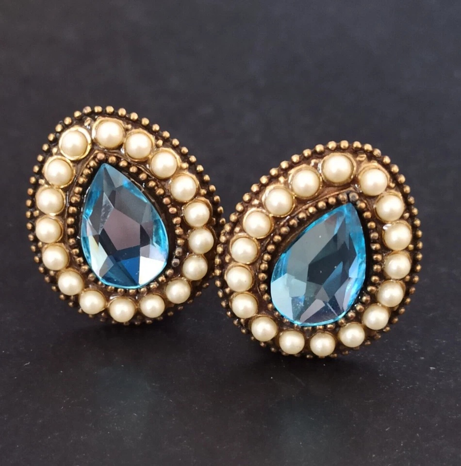 Michal Negrin Clip Earrings Large Aqua Sky Blue Teardrop Crystal Pearl Button - Image 1 of 4