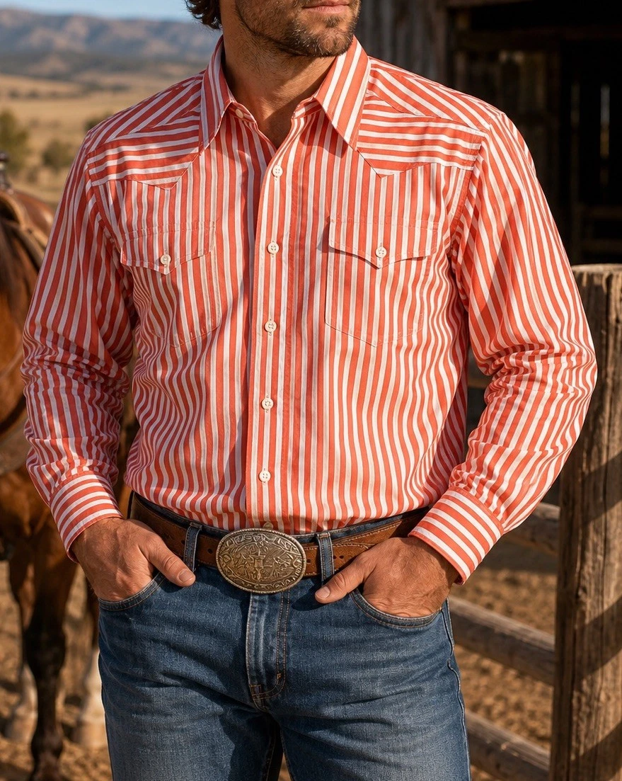 Vintage Panhandle Slim Golden West Western Shirt Mens XL 17-34 USA Coral Stripe