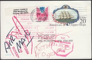 1996 AMERICAN CLIPPER POSTAL CARD TO NEW ZEALAND, WITH CVP &POINTING FINGER RTN