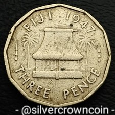 Fiji 🇫🇯 3 Pence 1947. KM#15. Threepence coin. Native Dwelling. George VI. 1 YR