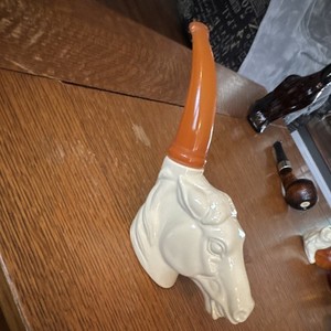 Avon Wild Mustang Ceramic Horse Head Pipe, Meerschaum Style, Orange Stem