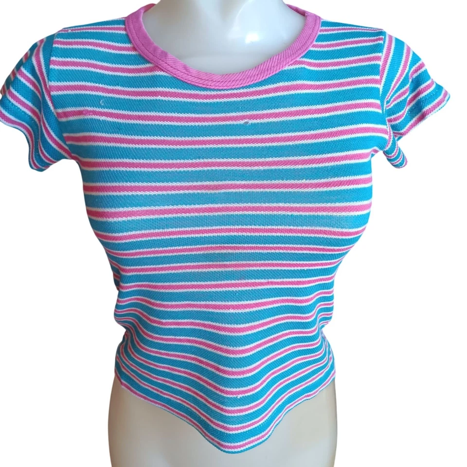 XXS Camiseta Vintage Punto Único Rayas Tejido Top Años 70 Niñas 12 Timbres Delgados Foto 2 de 4