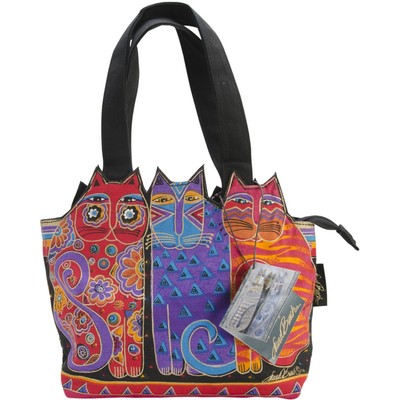 Laurel Burch Medium Tote Zipper Top 12''X3.5''X8.5''-Tres Gatos Red,Orange & Blue L