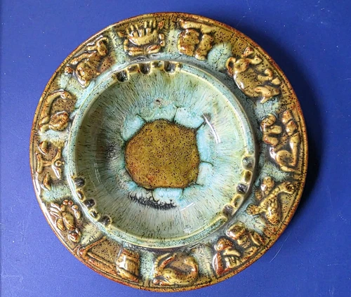 Round Vintage Zodiac Ashtray Circa 1970's Teal Green Goldish Brown Ceramic