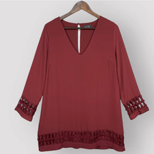 ASTR Burgundy V-Neck Long Sleeve Crochet Lace Trim Blouse Tunic Small