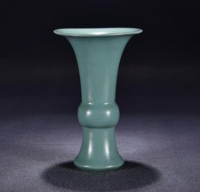 Ninghuitang Signed Old Chinese Ru Kiln Celadon Glaze Flower Gu Vase w/poem U2149