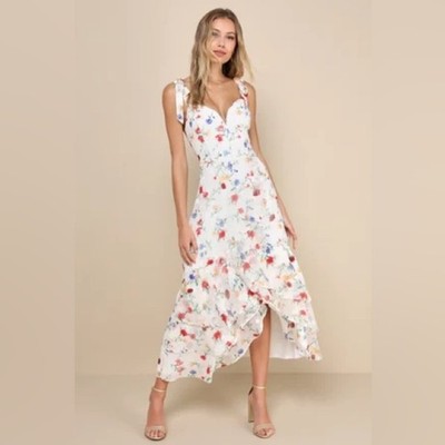 Lulus Floral Tie-Shoulder Cream Midi Dress with Floral Print XL