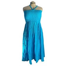 Turquoise Smocked Halter Tiered Maxi Dress, 100% Cotton Summer Boho Gypsy Resort