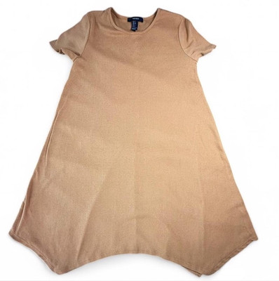 FOREVER 21 TAN RIBBED KNIT A-LINE UNEVEN HEM T-SHIRT DRESS, JUNIOR SIZE S