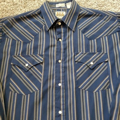 Ely Cattleman Mens Large LT Western Pearl Snap Shirt Striped Navy Blue Tall Man