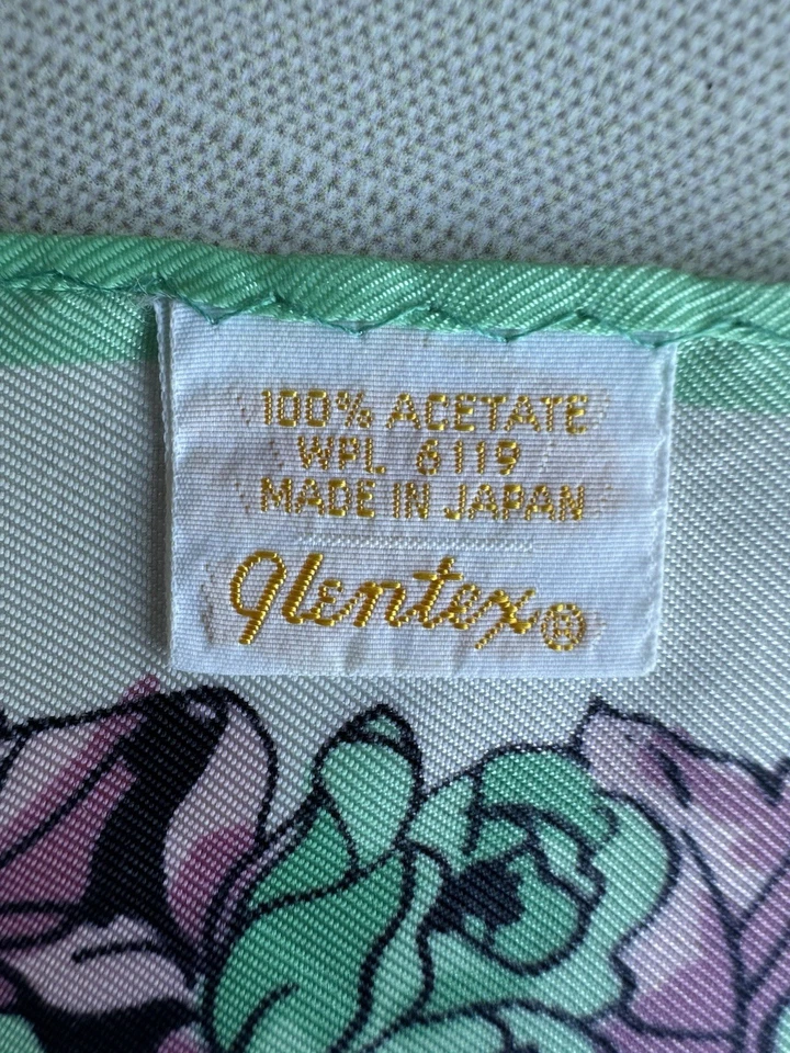 Vintage Scarf Green Purple Floral Print Japan Acetate Glentex - Image 3 of 4