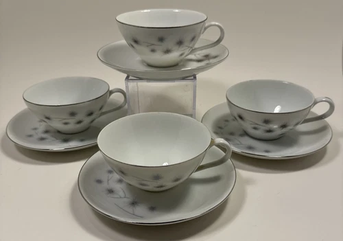 VTG Creative Fine China Platinum Star Burst Lot Of 4 Tea Cups & Saucers 1014 (A)