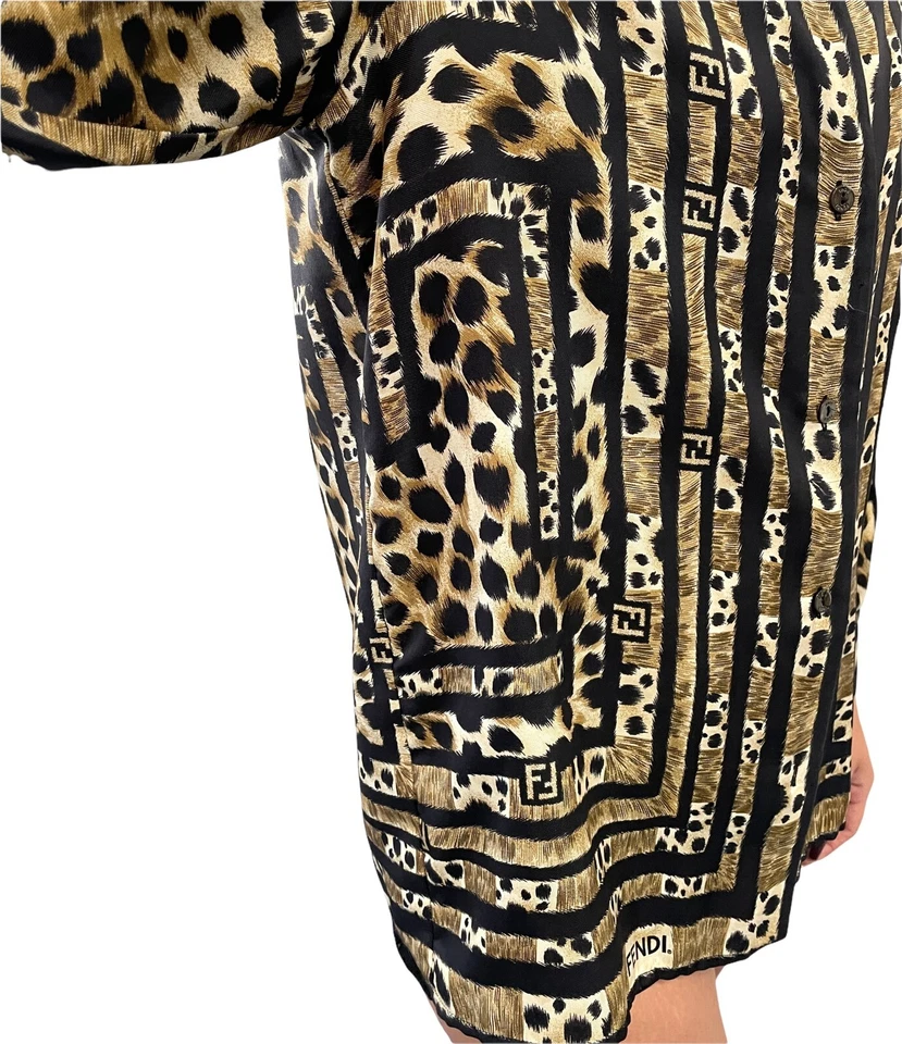 Camisa Top FENDI Vintage Big FF Zucca Logo Seda Leopardo Marrón Negro Seda Rango AB Foto 4 de 4