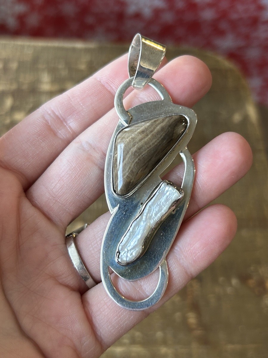 Estate STERLING HEAVY DTR Desert Rose Trading Agate Blister Pearl 925  Pendant