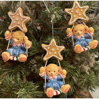 GANZ Vintage Teddy Bear Ornament Candy Cane Rope Swing Gingerbread