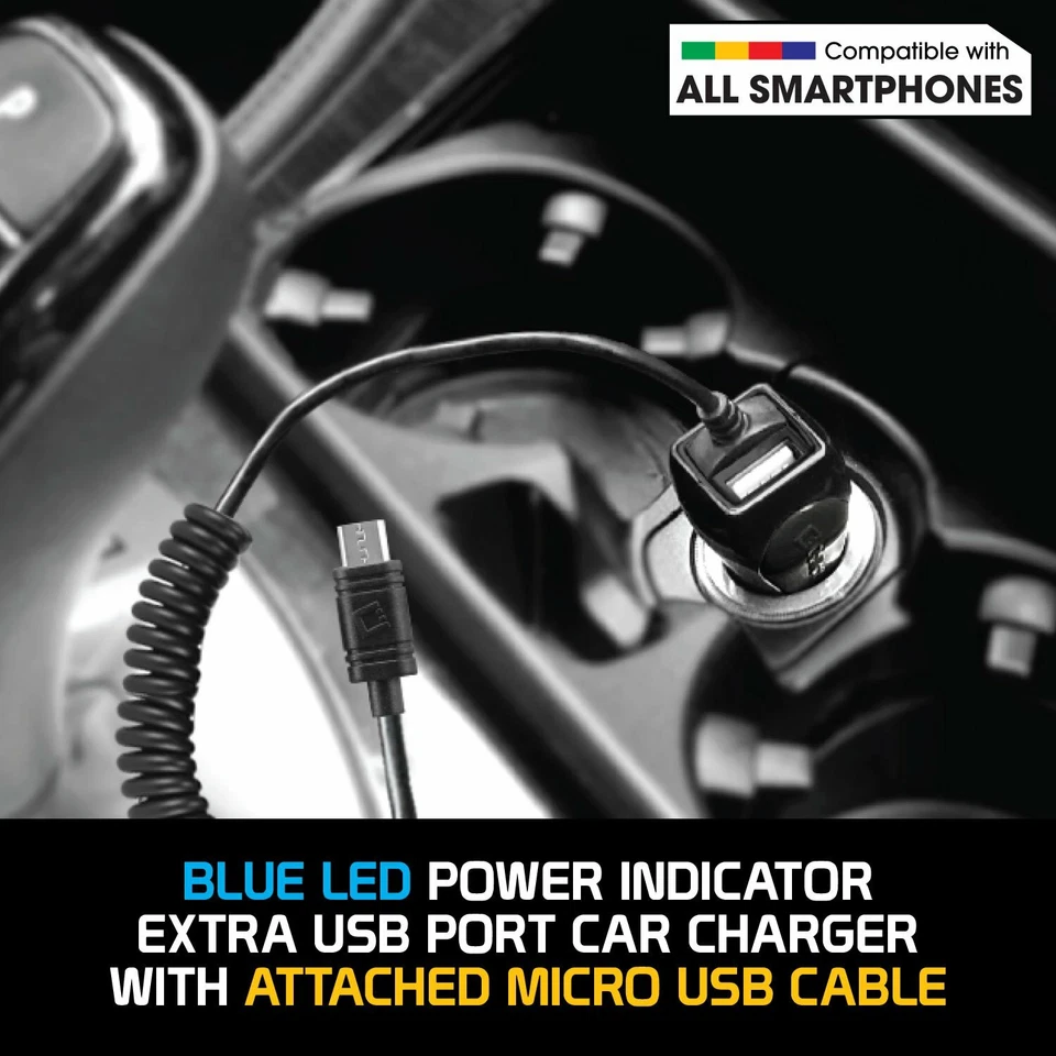Micro USB Car Charger with Extra USB Port High Powered 12 Watt Coiled Cable - Image 3 of 4