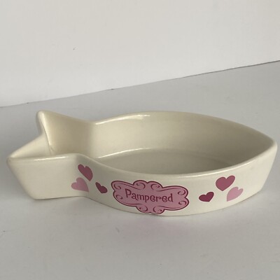 Cat Bowl Fish Shaped Ceramic  Pampered  White Pink 8  Long Water Food Kitty