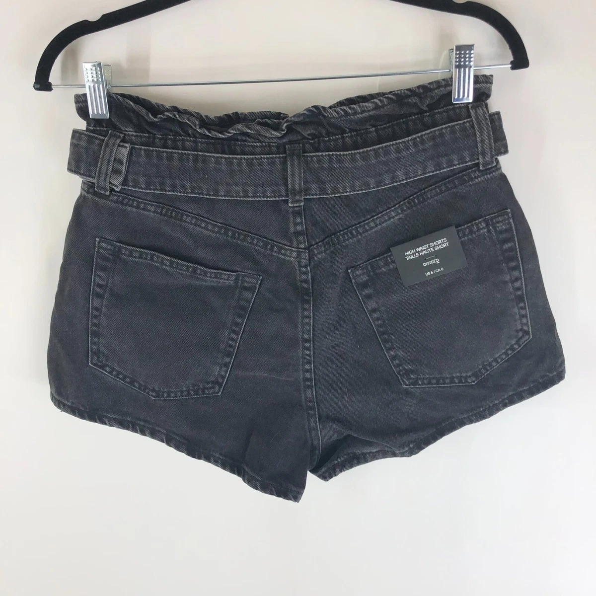 Divided H M Womens High Rise Denim Shorts Paper Bag Waist Belted Black Size 6
