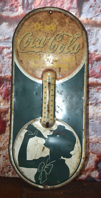 Vintage 1939 Coca Cola Coke Silhouette Drinking Bottle Advertising Thermometer
