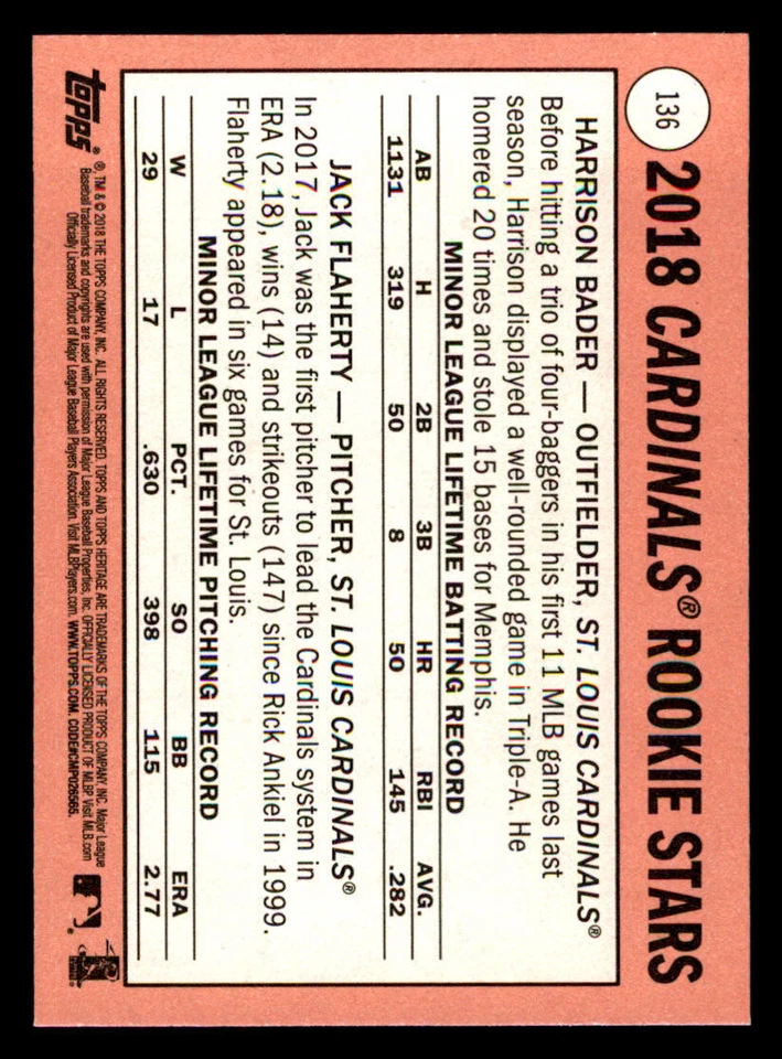 2018 Topps Heritage #136 Harrison Bader RC/Jack Flaherty RC - Image 2 of 2