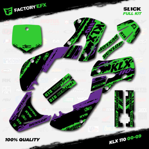 Purple & Green Slick Racing Graphics Sticker Kit fit Kawasaki KLX110 00-09 Decal - Bild 2 von 5
