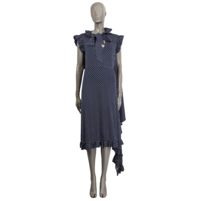 60998 auth VETEMENTS blue ASYMMETRIC RUFFLED POLKA DOT PUSSY BOW Dress S