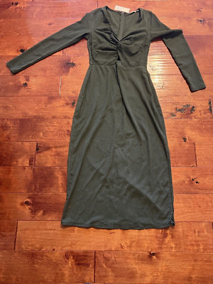 Keyhole Midi Long Sleeve Dress Olive Medium NWT $56 Francesca's Boutique Miami