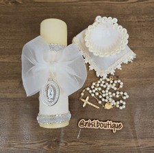 Baptism Candle Set, Christening 4 PC Set, Ivory Color, Handmade Vela de Bautizo