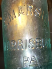 Vintage blue embossed  E. Marsili Harrisburg, Pa. affixed blob top glass bottle
