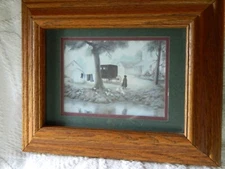 Beautiful Amish Girl Print Buggy & Geese Framed Double Matted Under Glass