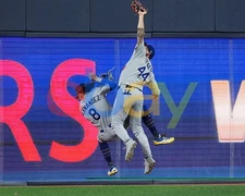 Andy Pages Catch Over Kike Hernandez Los Angeles Dodgers 8x10 MLB Photo