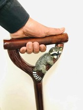 Hand Carved Raccoon Head Walking Stick: Wooden Animal Cane