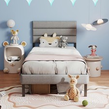 Twin Bed Frame with Headboard Linen Upholstered Platform Bed Tufted Headboard